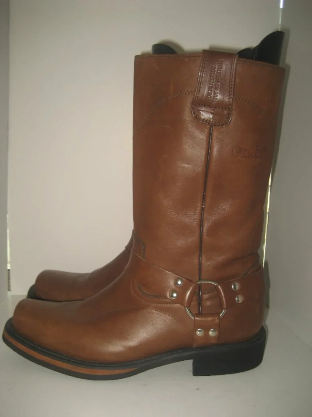 MEN'S CACTUS HARNESS SQUARE TOE BROWN LEATHER WORK BOOTS sz US 9.5
